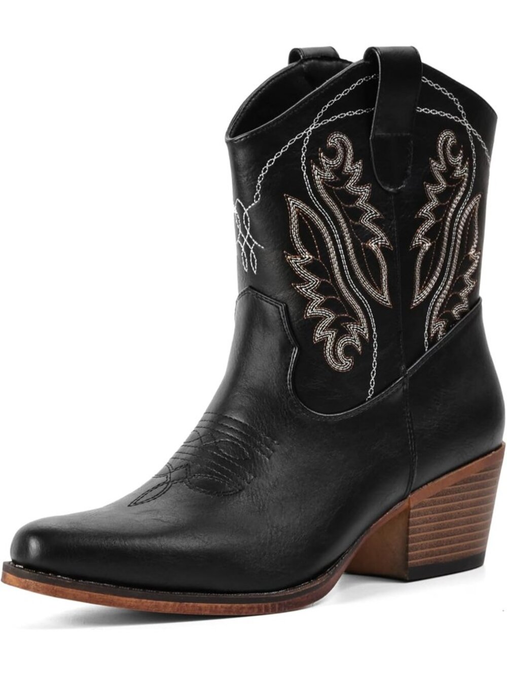 Women's Black Snip Toe Embroidered Mid Calf Faux Leather Ankle Booties